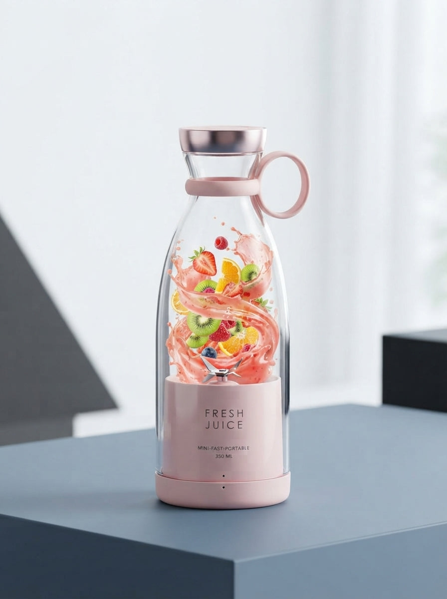 A portable electric mini juicer bottle on a slate blue surface with a fresh smoothie inside, set against a clean white backgr
