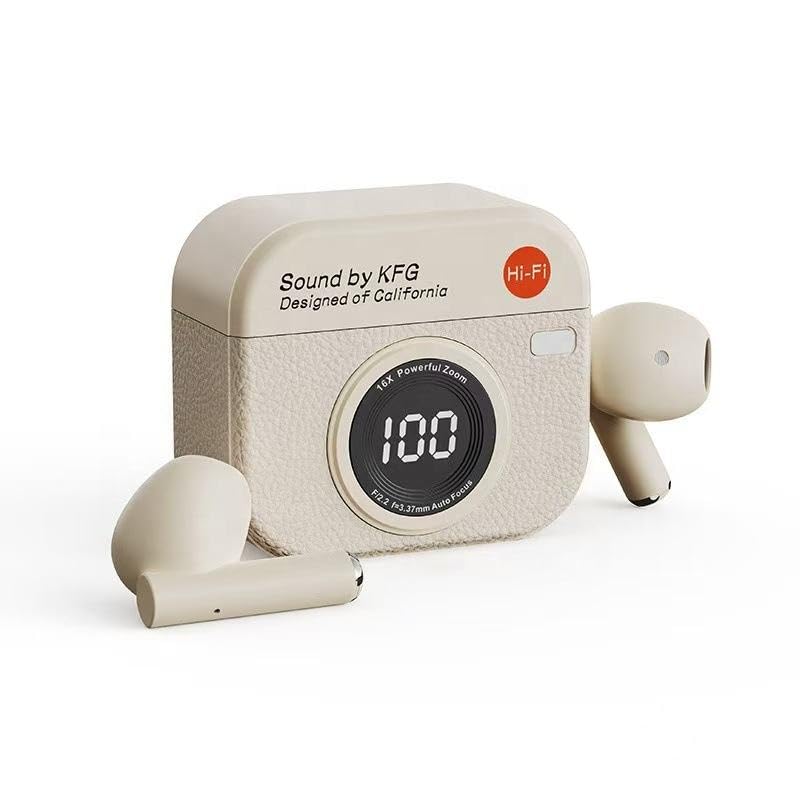 Q86 Retro earbuds Wireless Bluetooth 5.3 TWS Earbuds | Leather Camera shape