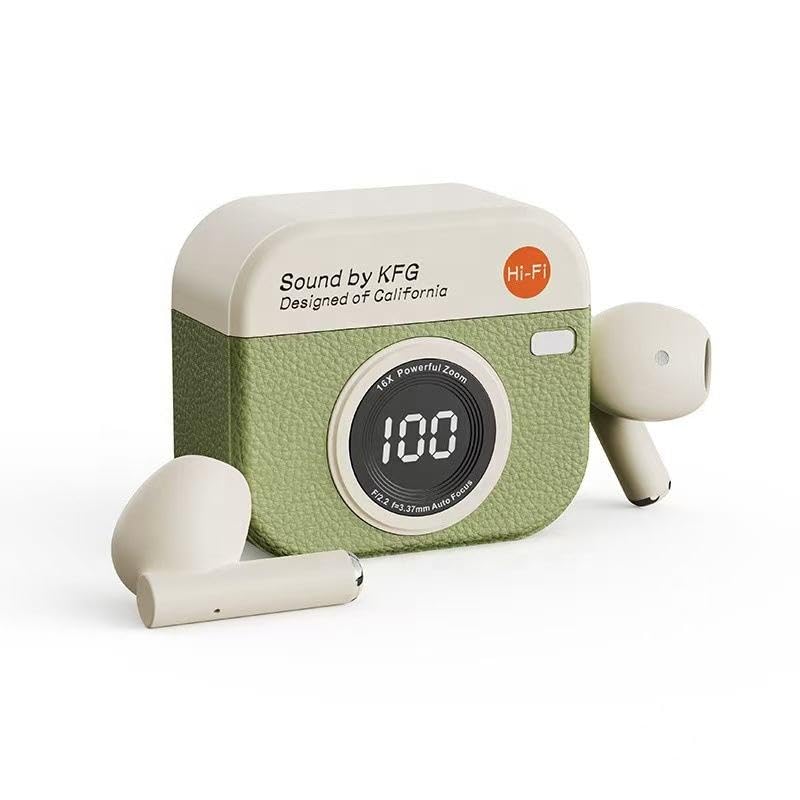 Q86 Retro earbuds Wireless Bluetooth 5.3 TWS Earbuds | Leather Camera shape